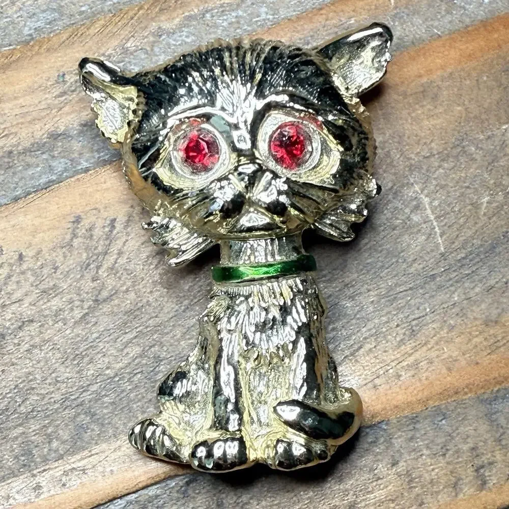 VTG SIGNED GERRY'S SMALL DOG CAT BROOCH RUBY RED RHINESTONE EYES GREEN COLLAR